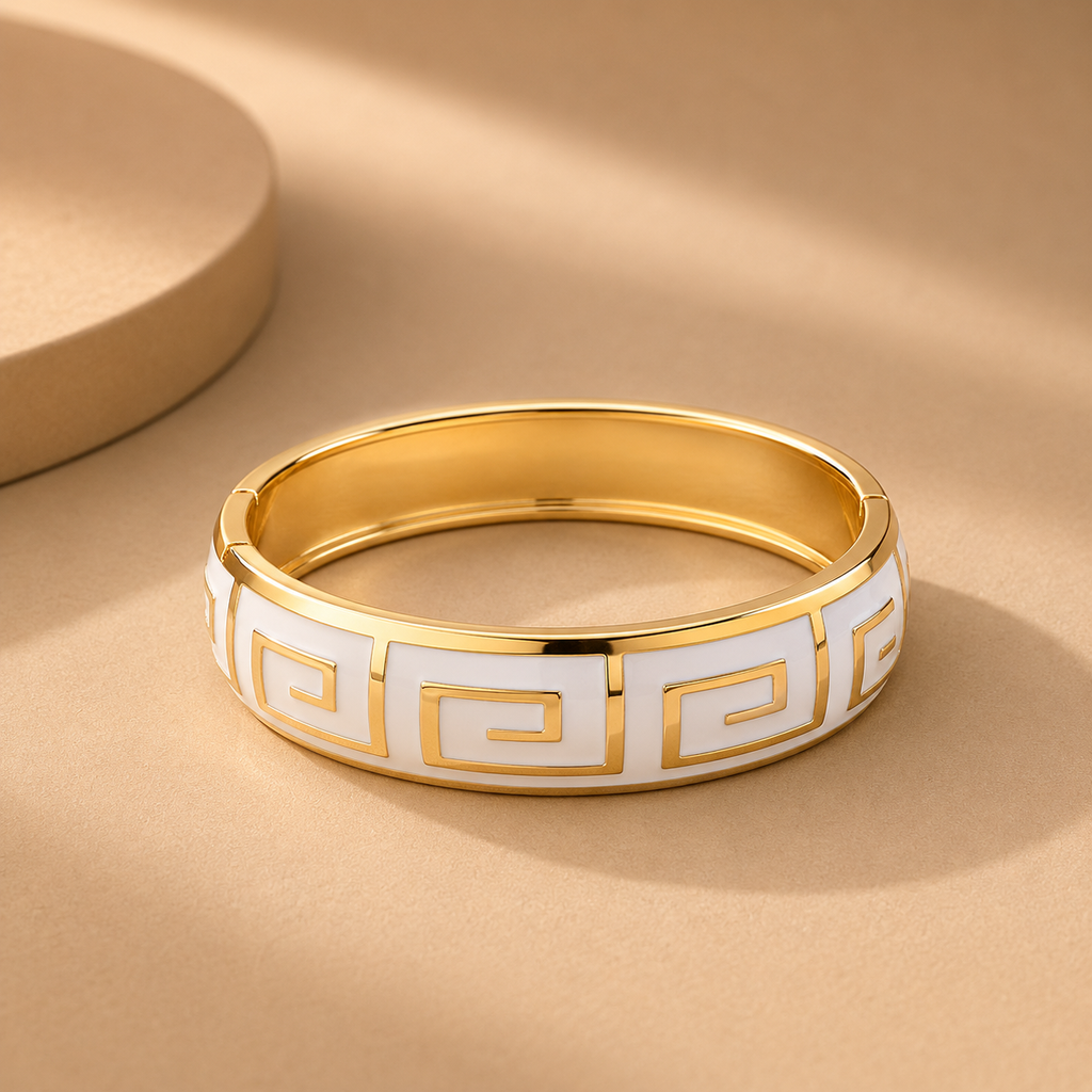 Stainless Steel Gold-Tone Greek Key White Enamel Bangle Bracelet