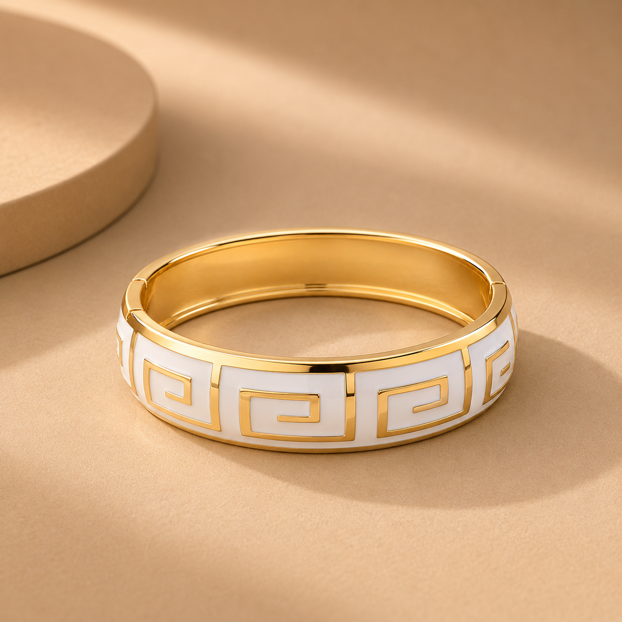 Stainless Steel Gold-Tone Greek Key White Enamel Bangle Bracelet