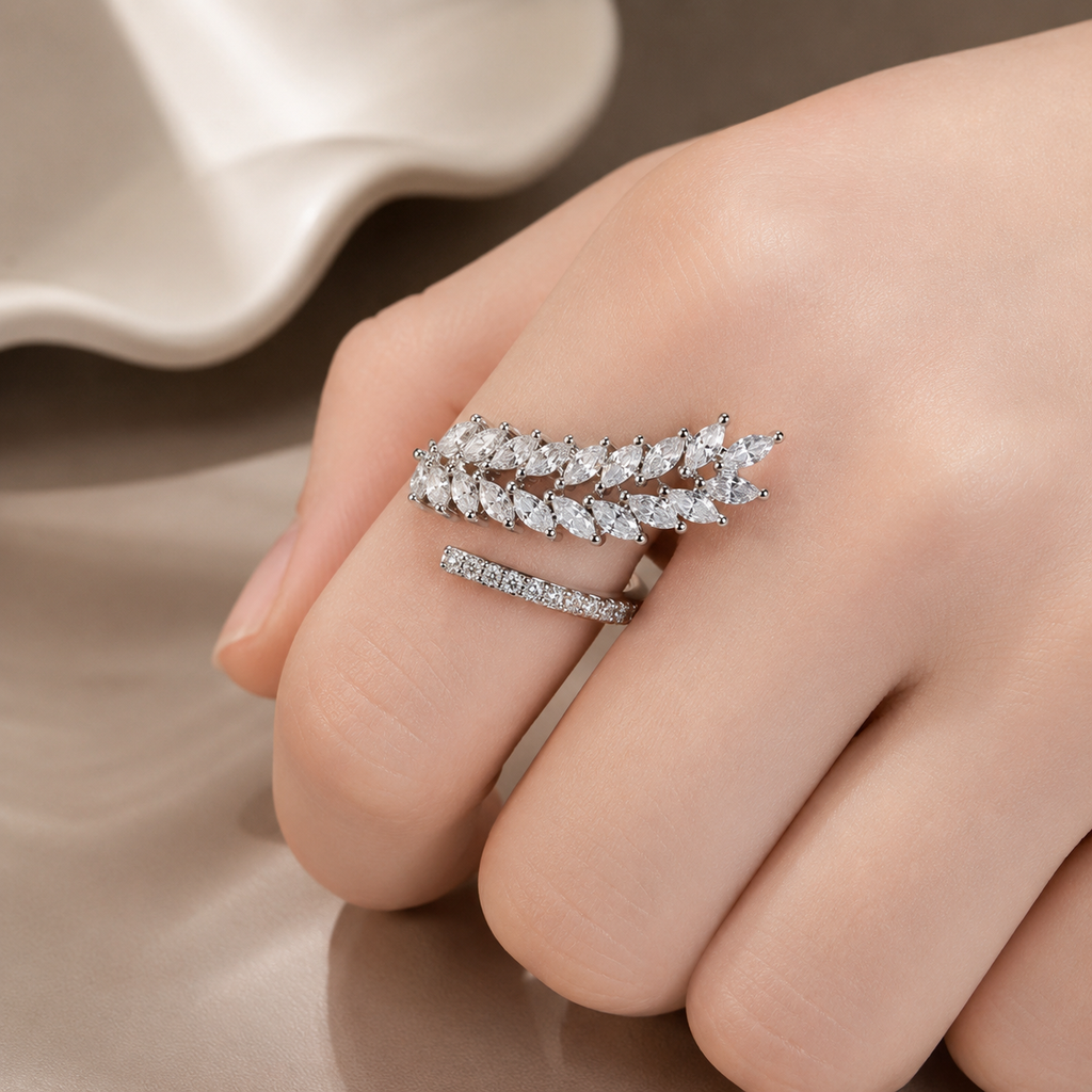 Silver Plated CZ Studded Adjustable Finger Ring