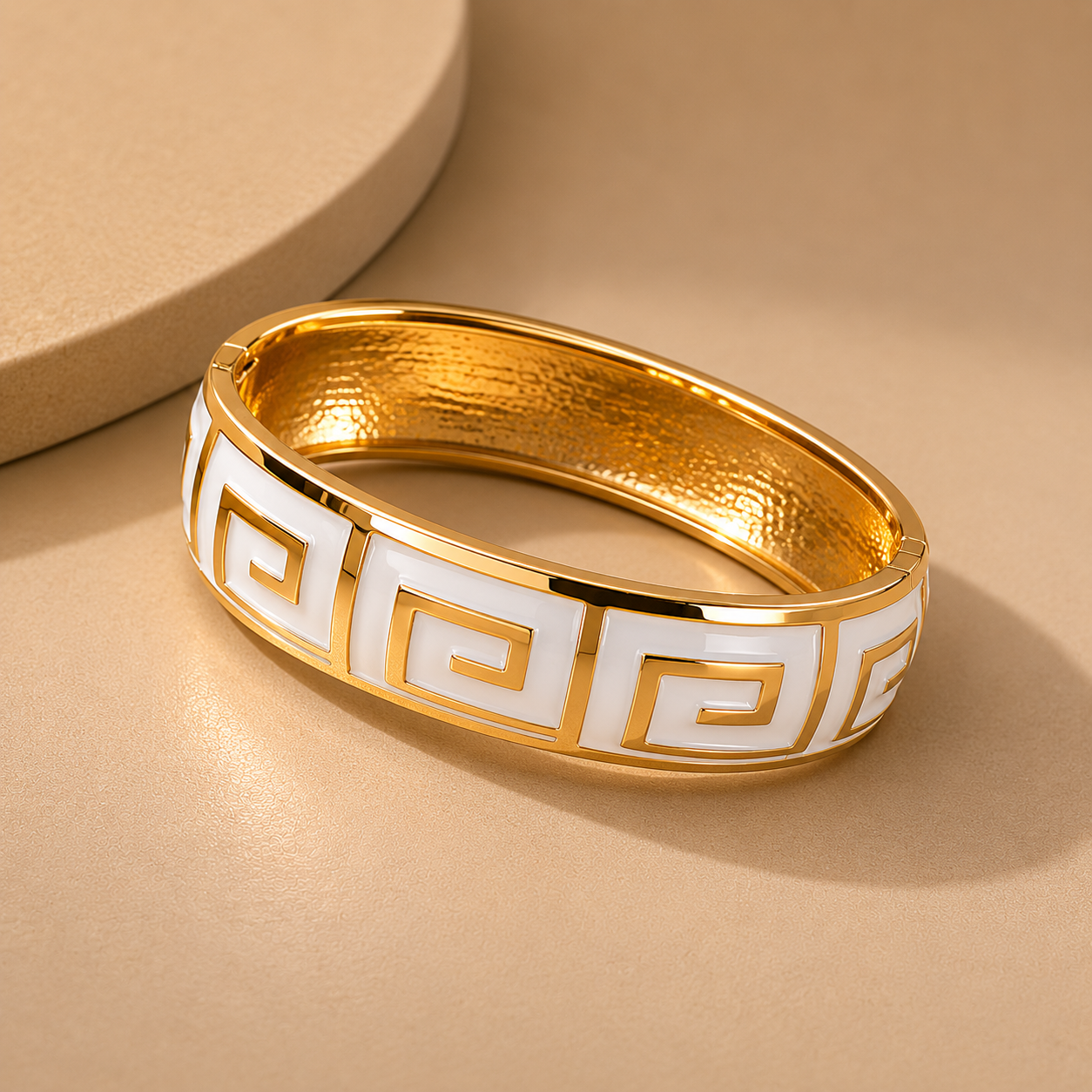 Stainless Steel Gold-Tone Greek Key White Enamel Bangle Bracelet