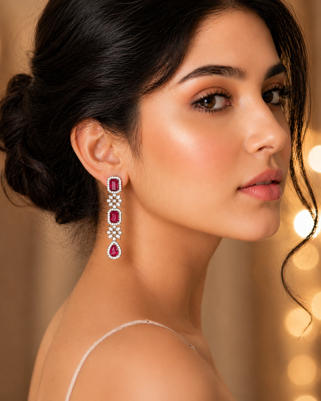 Ruby Red Cubic Zirconia Drop Earrings with Floral Detailing