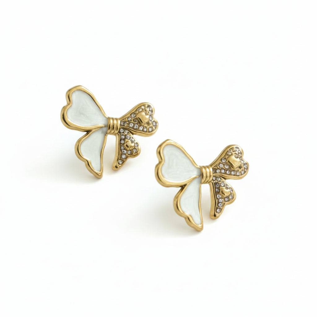 Delicate Enamelled Mini Bow Studs - White