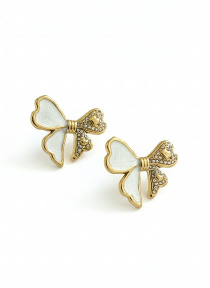 Delicate Enamelled Mini Bow Studs - White