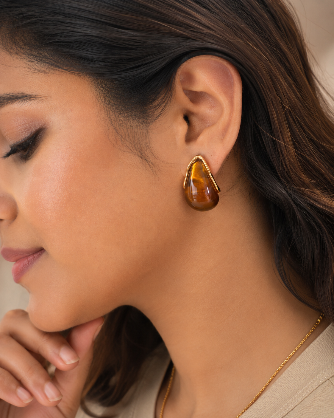 Amber Resin C-Shape Hoop Earrings | Gold Plated | Stainless Steel
