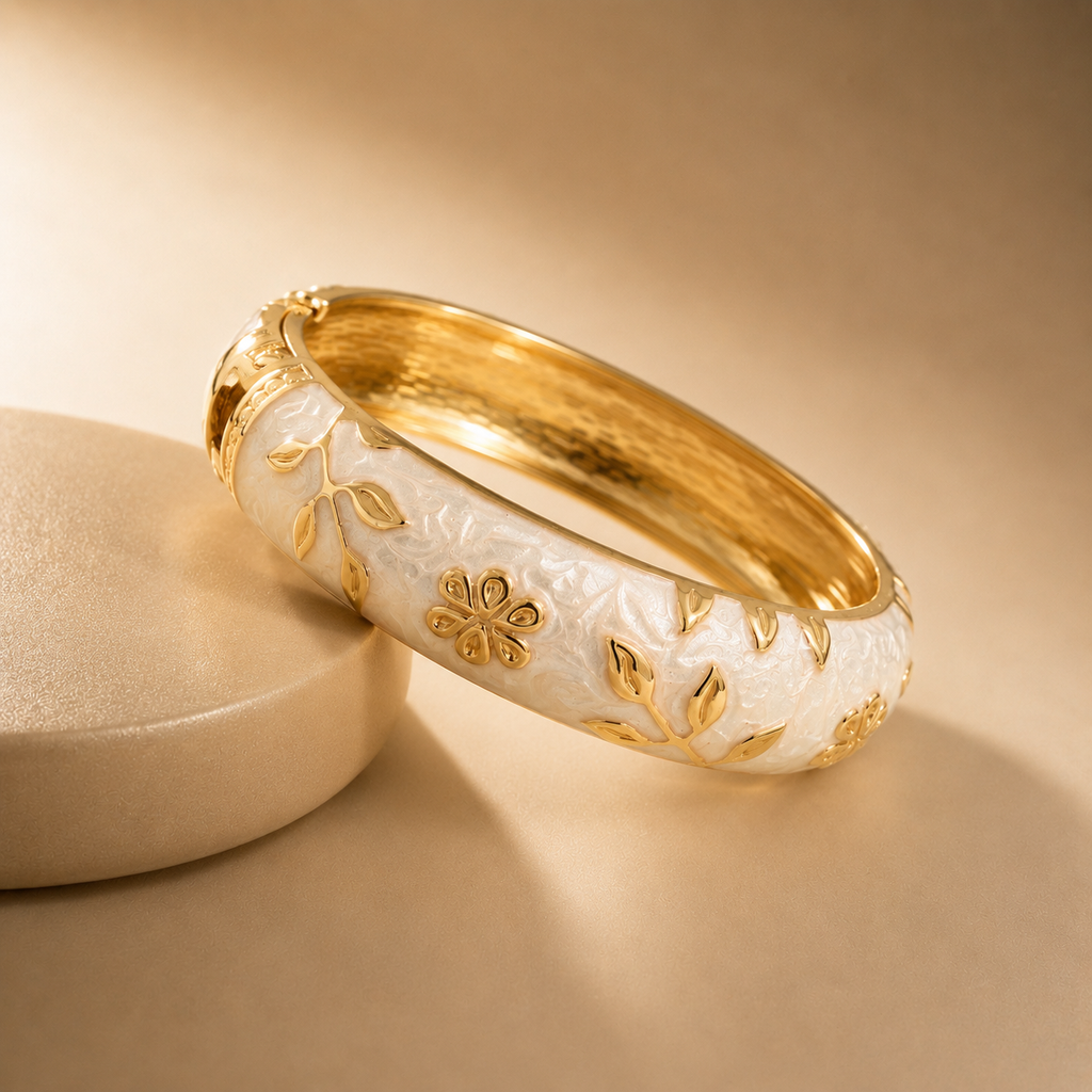 Gold-Tone Floral & Leaf White Enamel Bangle Bracelet