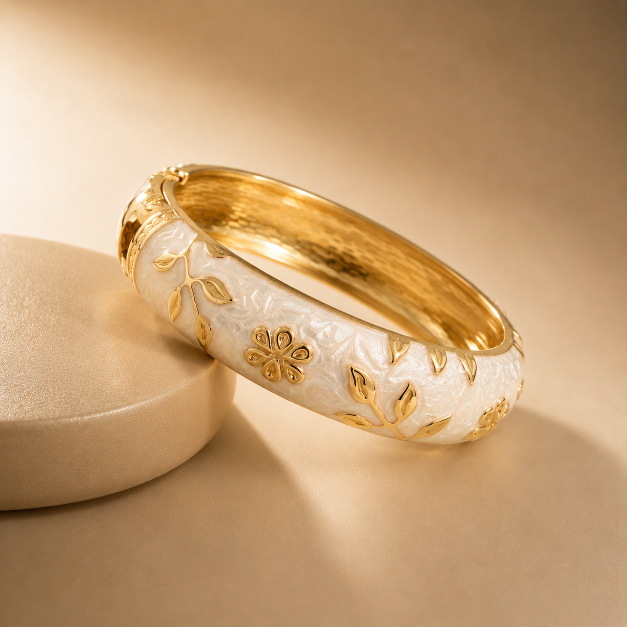 Gold-Tone Floral & Leaf White Enamel Bangle Bracelet