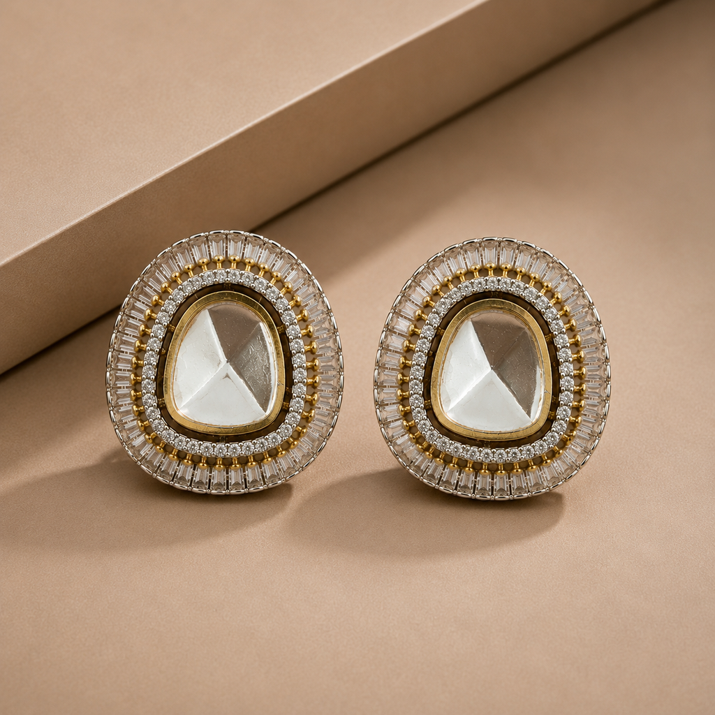 Oversized Moissanite Polki Studs with AD Baguette Outer Border