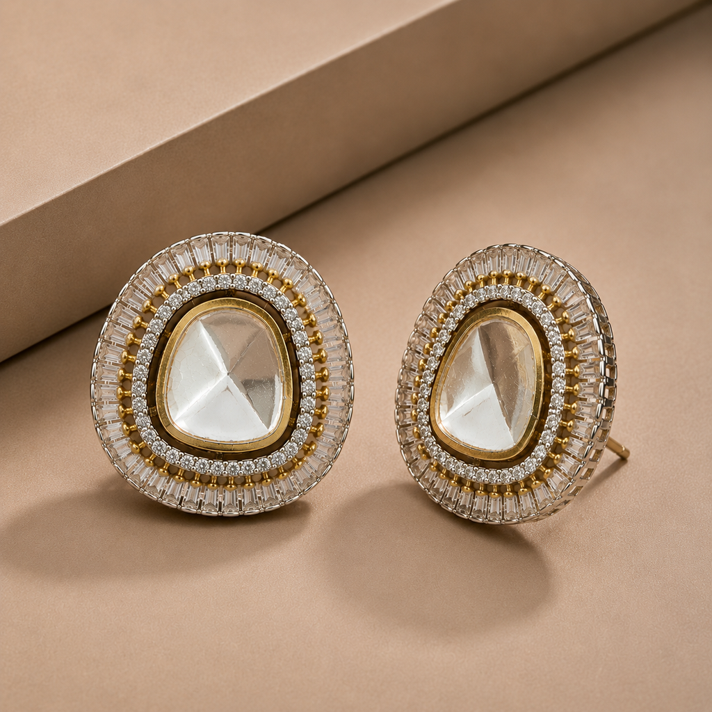 Oversized Moissanite Polki Studs with AD Baguette Outer Border
