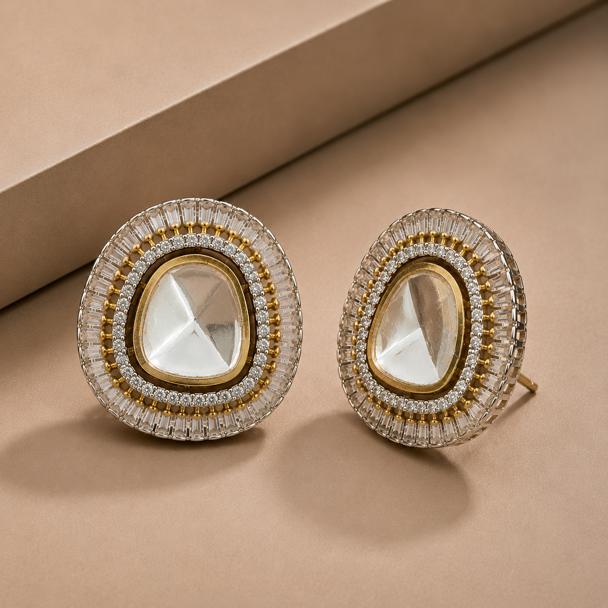 Oversized Moissanite Polki Studs with AD Baguette Outer Border