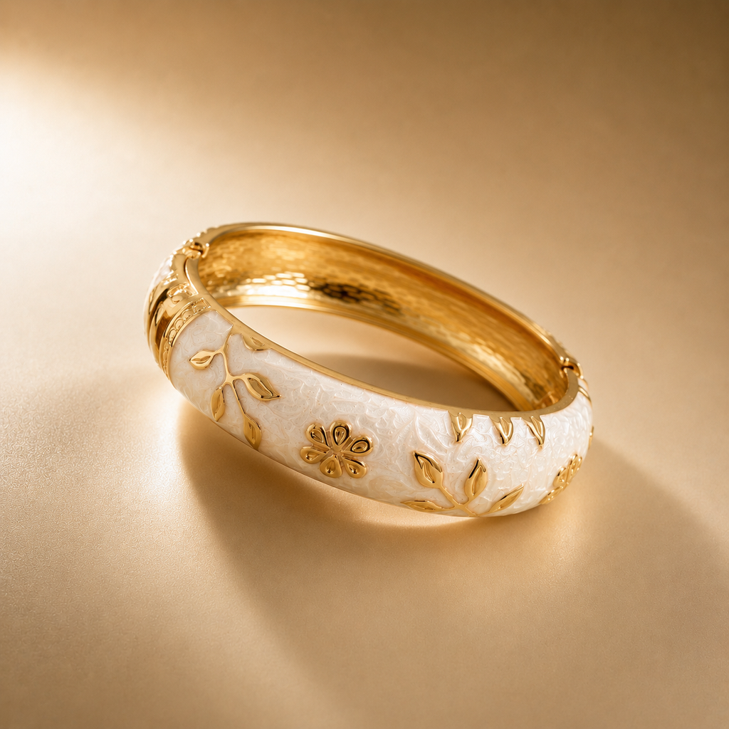 Gold-Tone Floral & Leaf White Enamel Bangle Bracelet