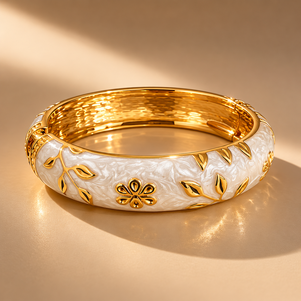 Gold-Tone Floral & Leaf White Enamel Bangle Bracelet