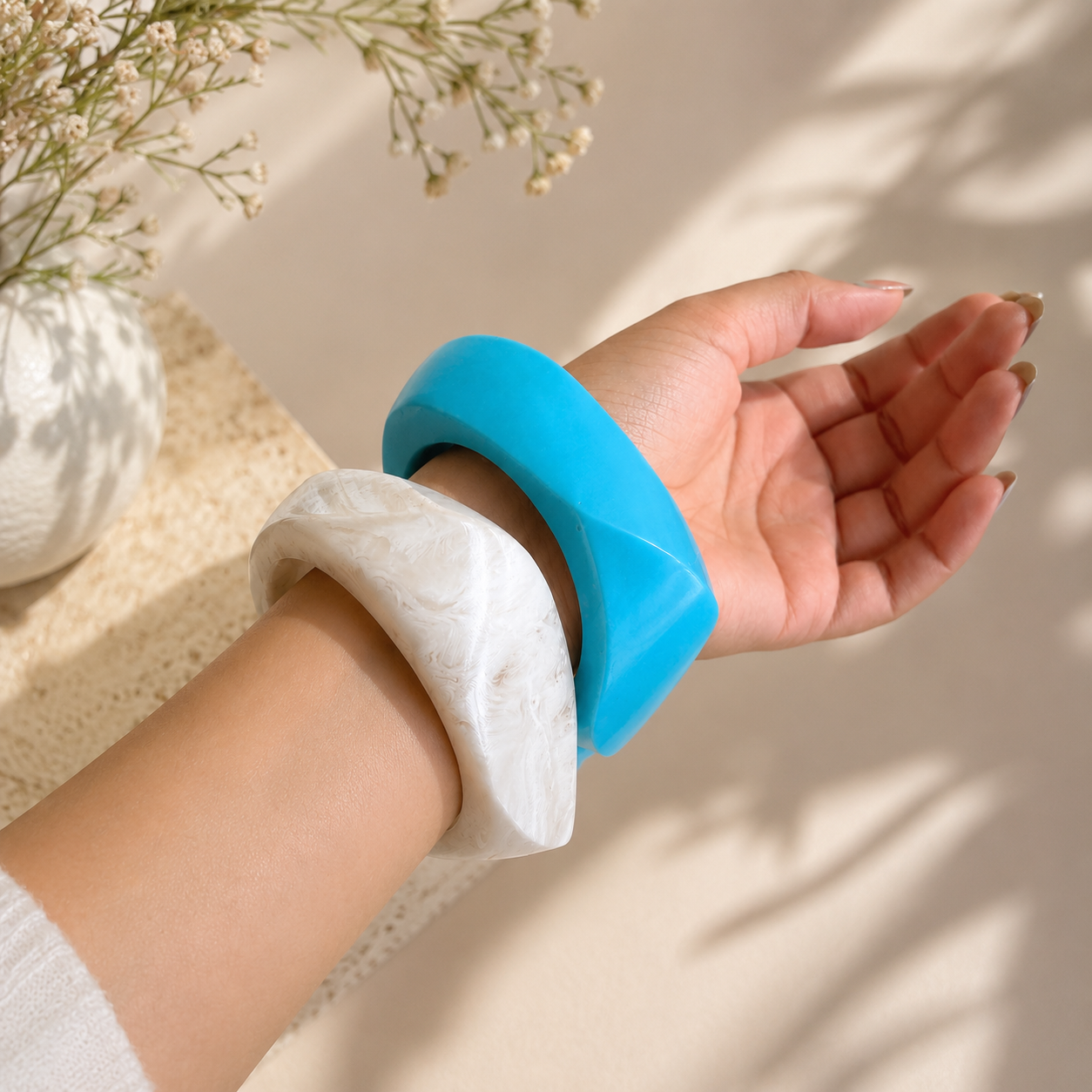 White & Turquoise Resin Statement Bangles ( Set of 2)