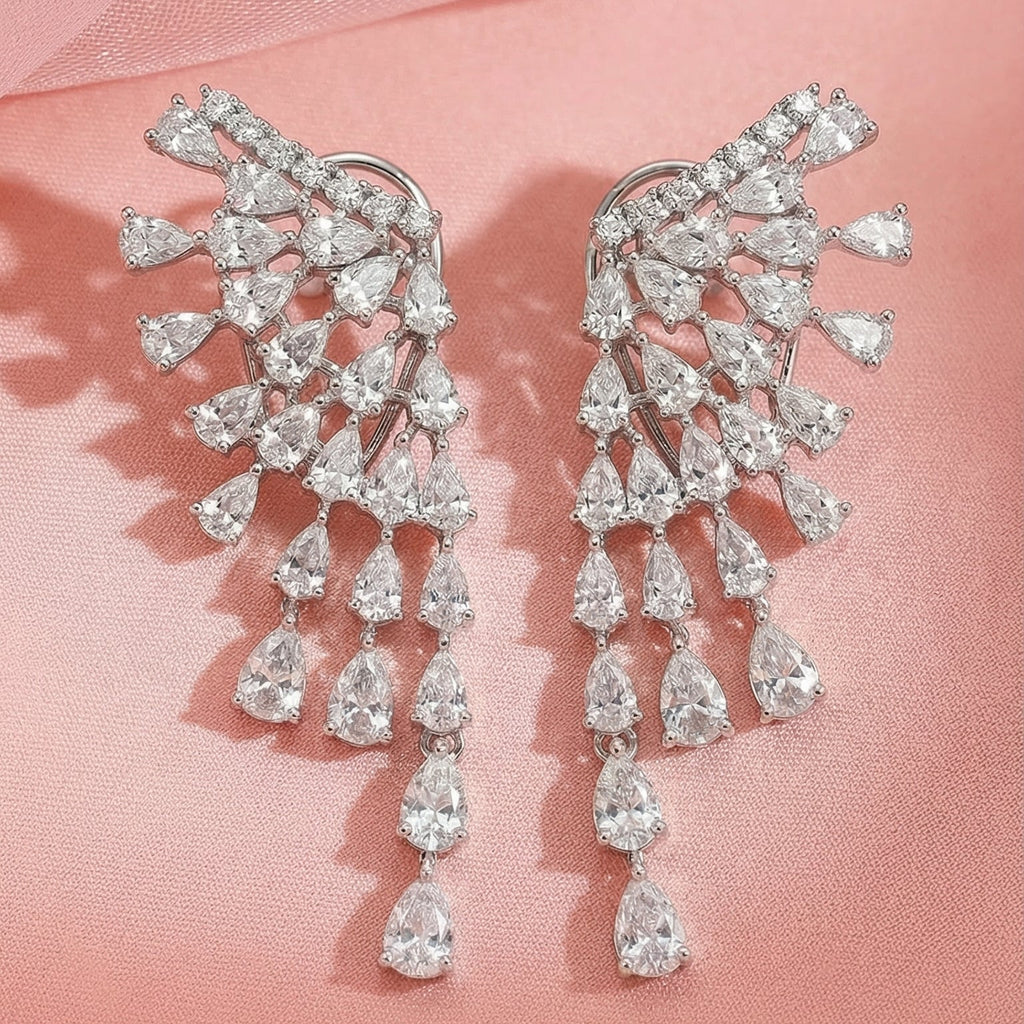 Silver-Tone Cascading American Diamond Waterfall Earrings