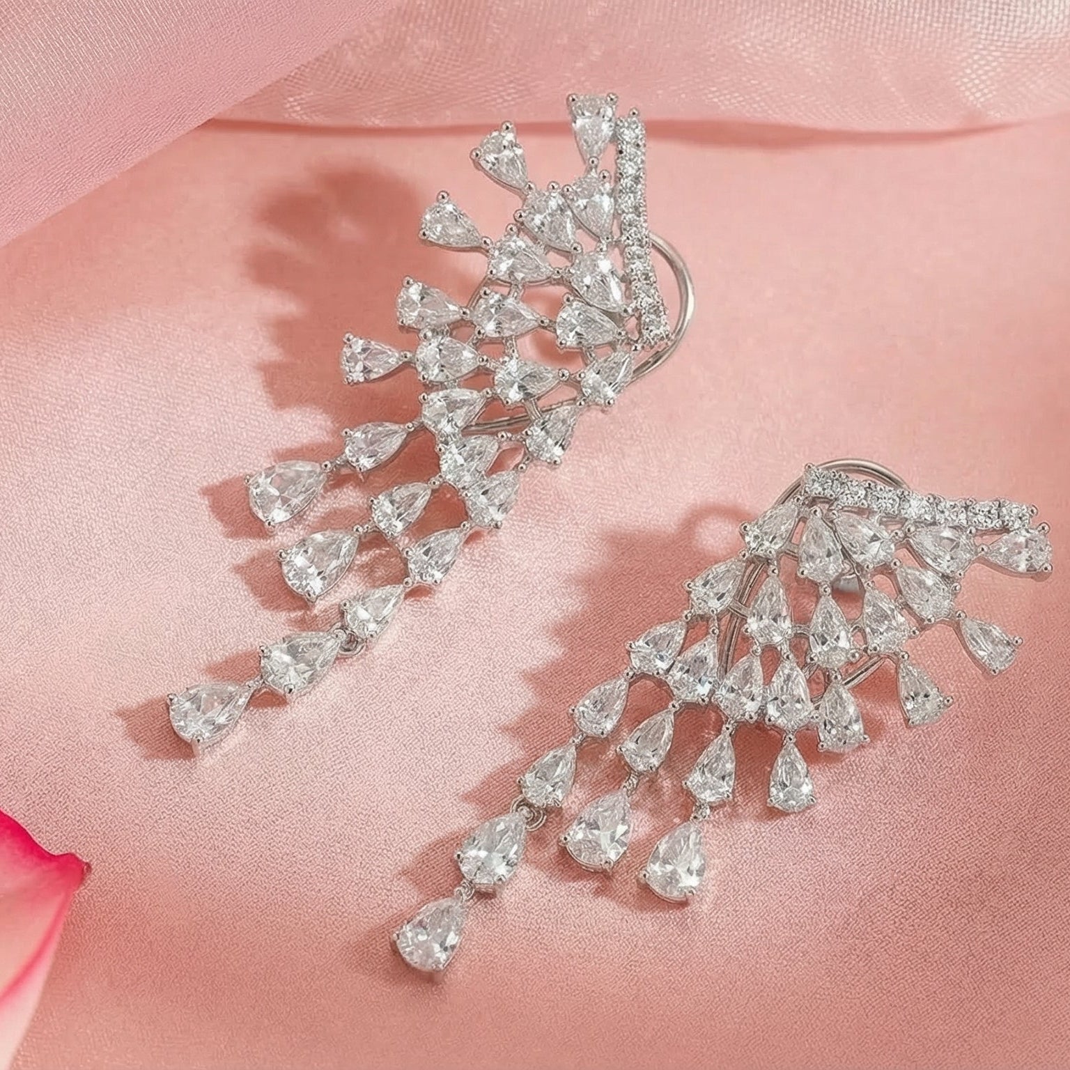 Silver-Tone Cascading American Diamond Waterfall Earrings