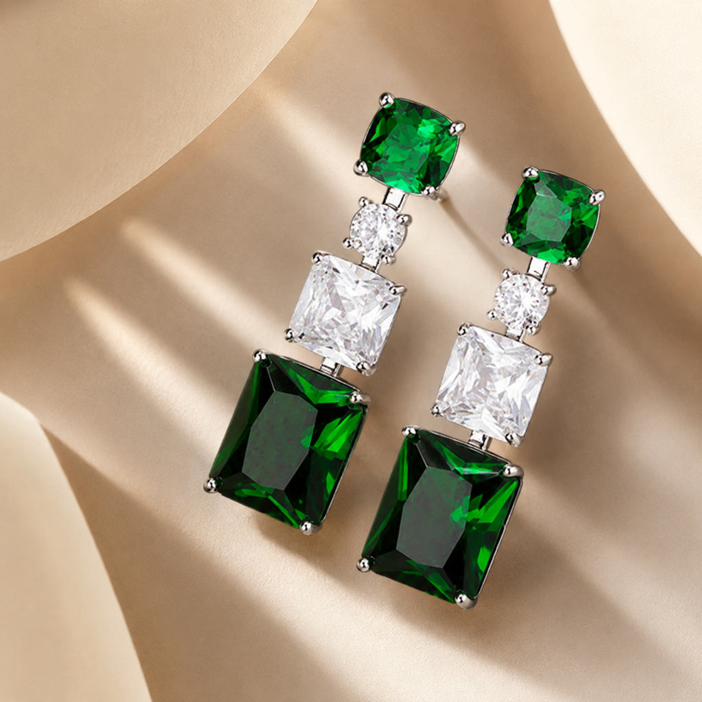 Envy Green Silver Plated Geometric AD Earrings