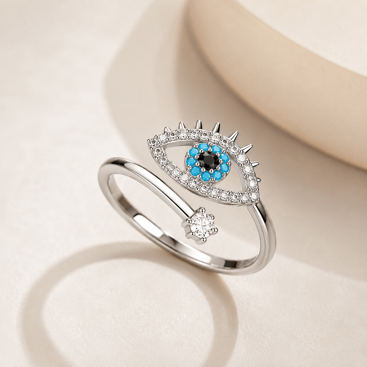 Silver Plated Evil Eye Adjustable Ring