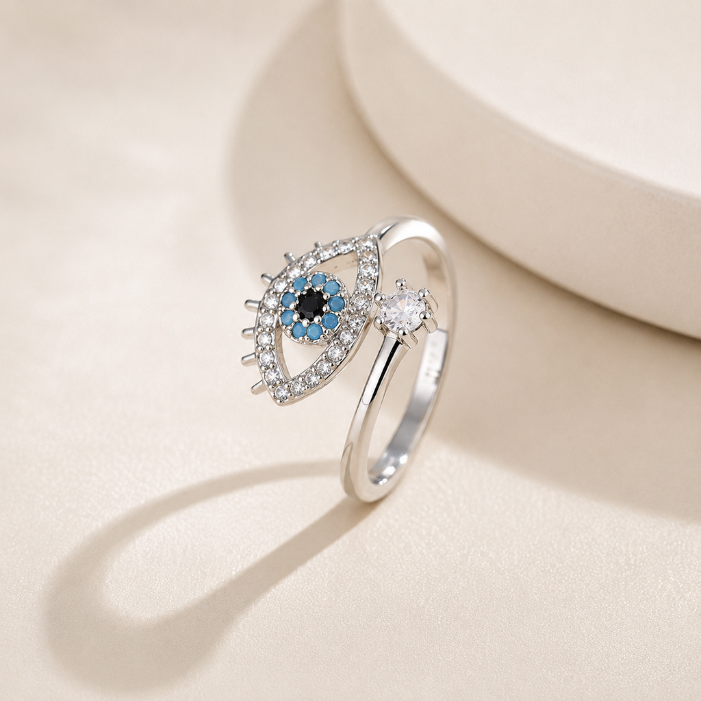 Silver Plated Evil Eye Adjustable Ring