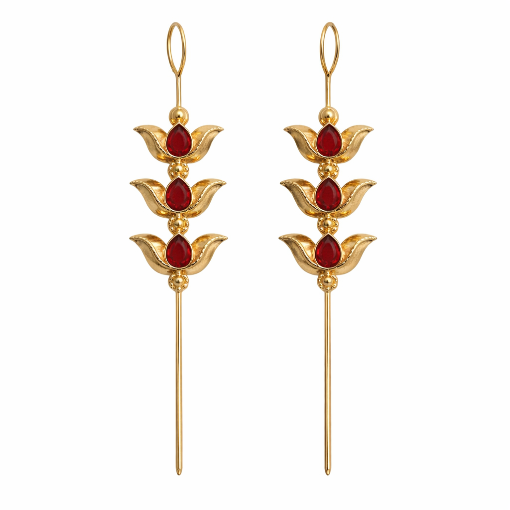 Royal Red Triple-Tiered Lotus Needle Earcuffs