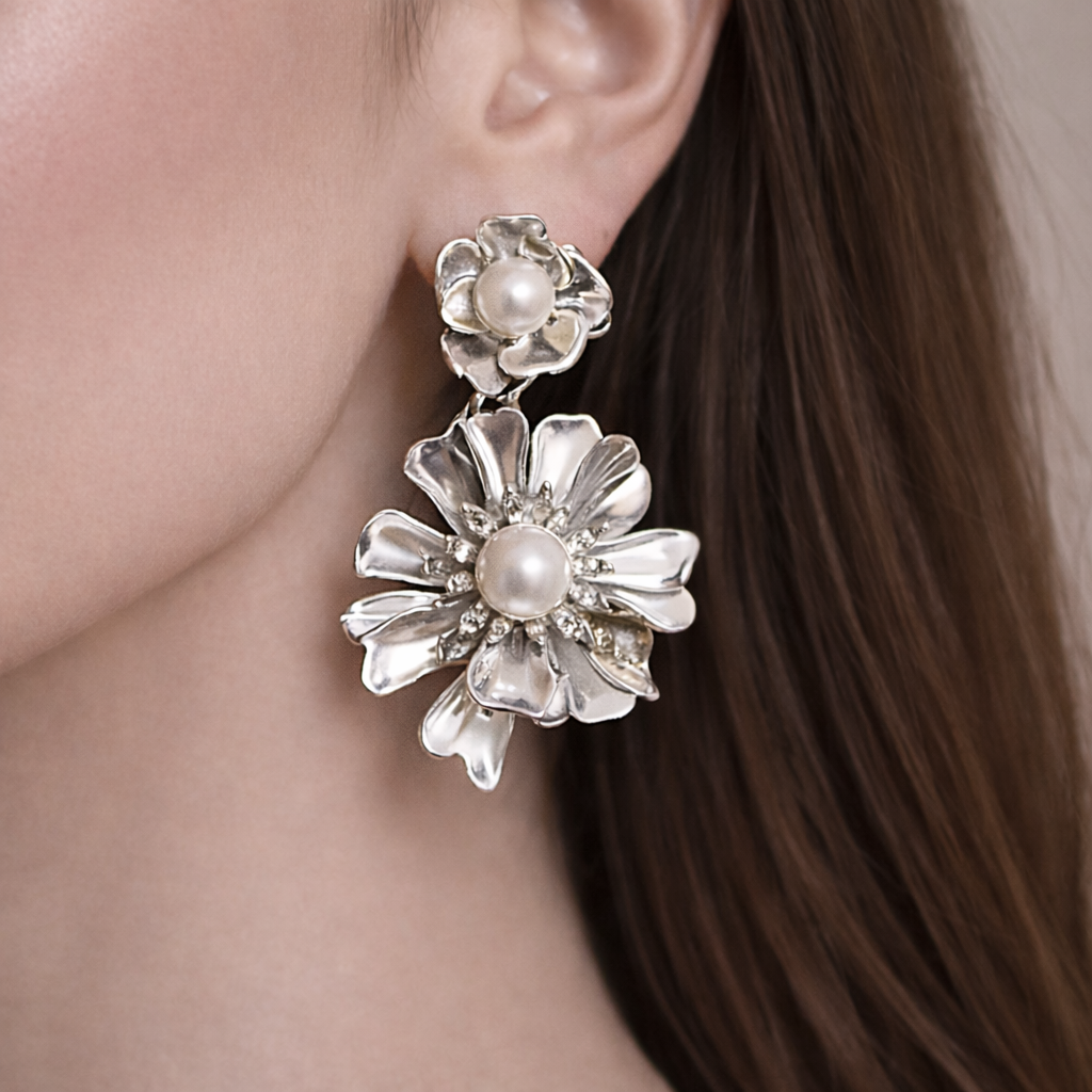 Silver Bloom Statement Earrings with Luminous Pearl Accents