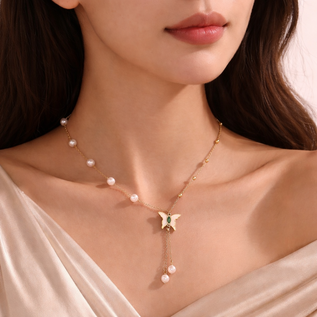 Butterfly Pearl Tassel Pendant Necklace