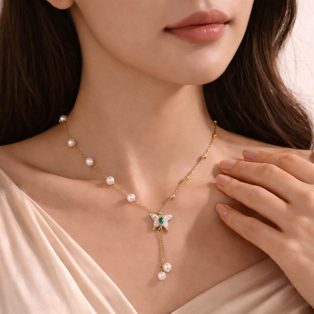 Butterfly Pearl Tassel Pendant Necklace