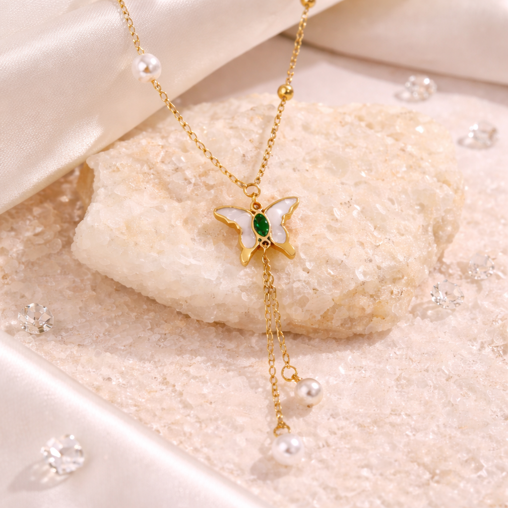 Butterfly Pearl Tassel Pendant Necklace