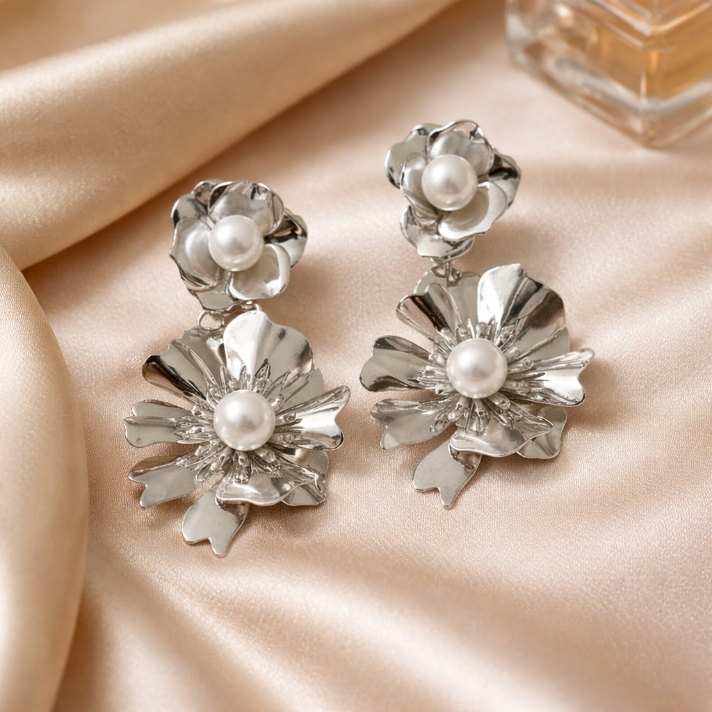 Silver Bloom Statement Earrings with Luminous Pearl Accents