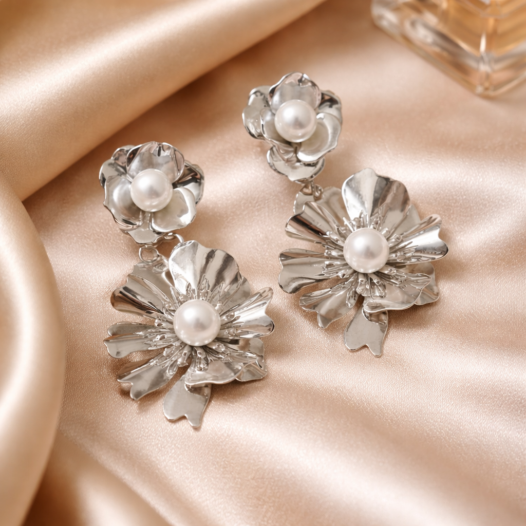 Silver Bloom Statement Earrings with Luminous Pearl Accents