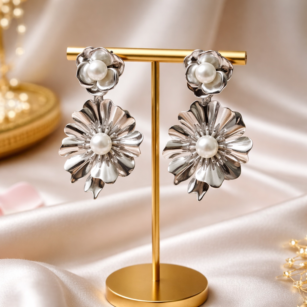 Silver Bloom Statement Earrings with Luminous Pearl Accents
