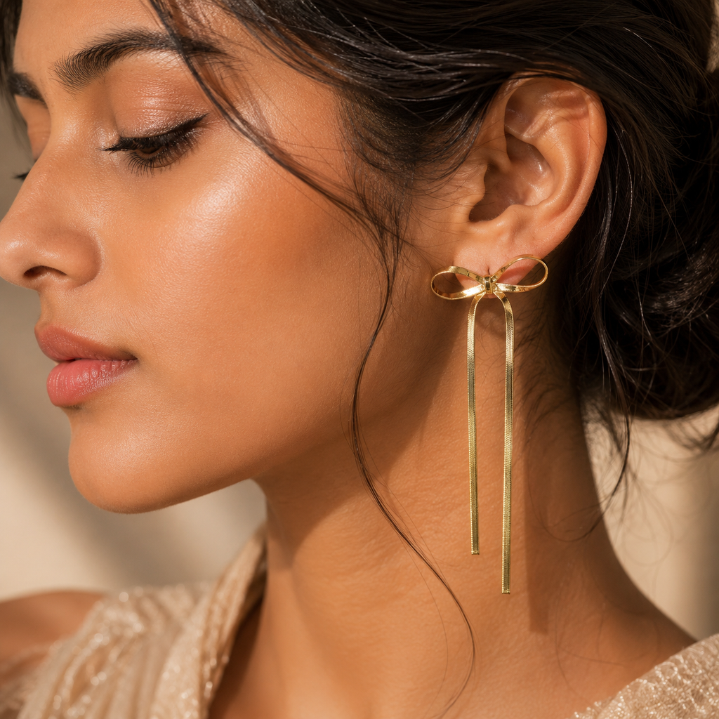 Gold Plated Stainless Steel  Bow Drop Earrings
