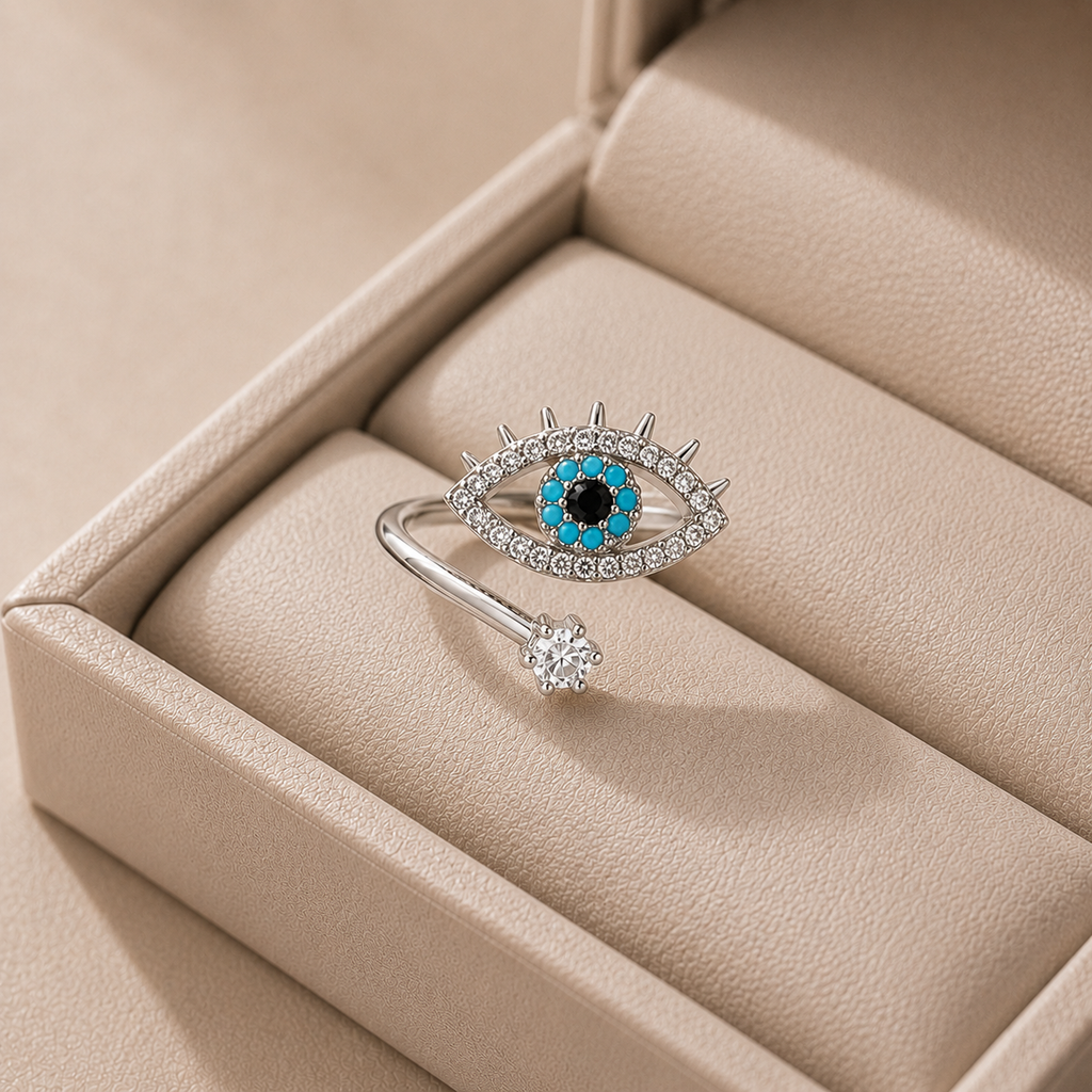 Silver Plated Evil Eye Adjustable Ring