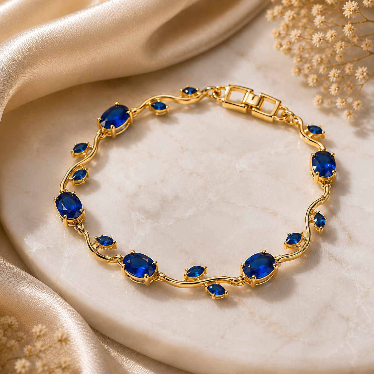 Royal Blue Tulip Vine Gold-Plated Link Bracelet
