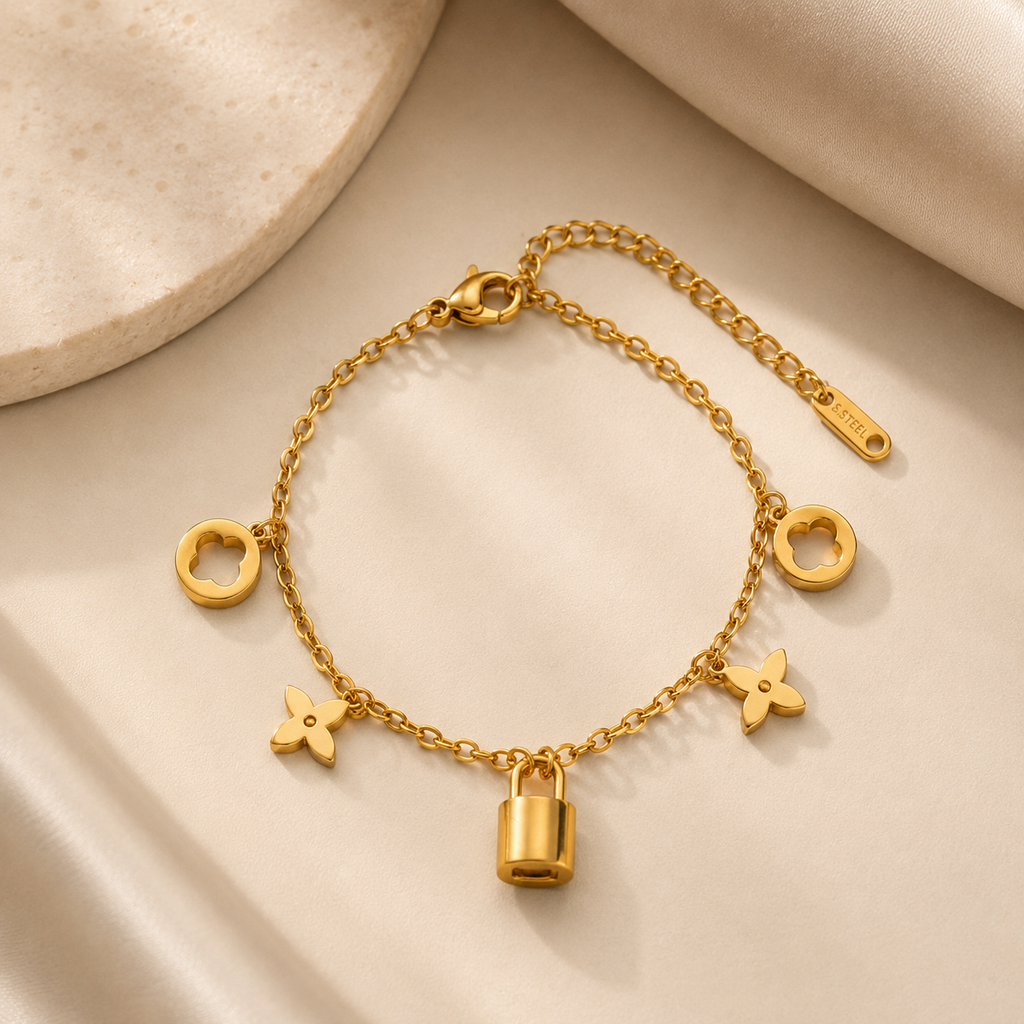 Classic Gold Plated Stainless Steel Chain Bracelet with clover and lock charms
