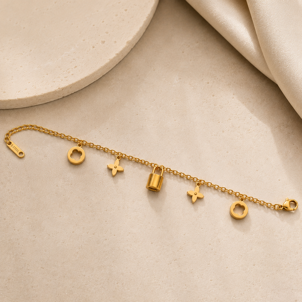 Classic Gold Plated Stainless Steel Chain Bracelet with clover and lock charms