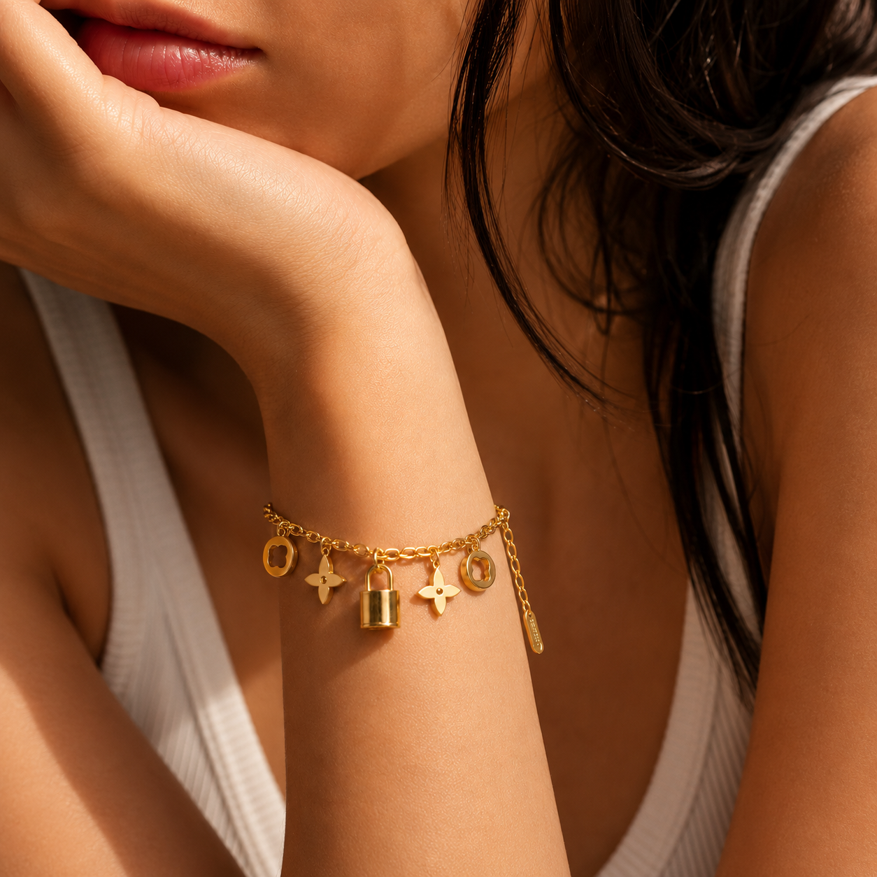 Classic Gold Plated Stainless Steel Chain Bracelet with clover and lock charms