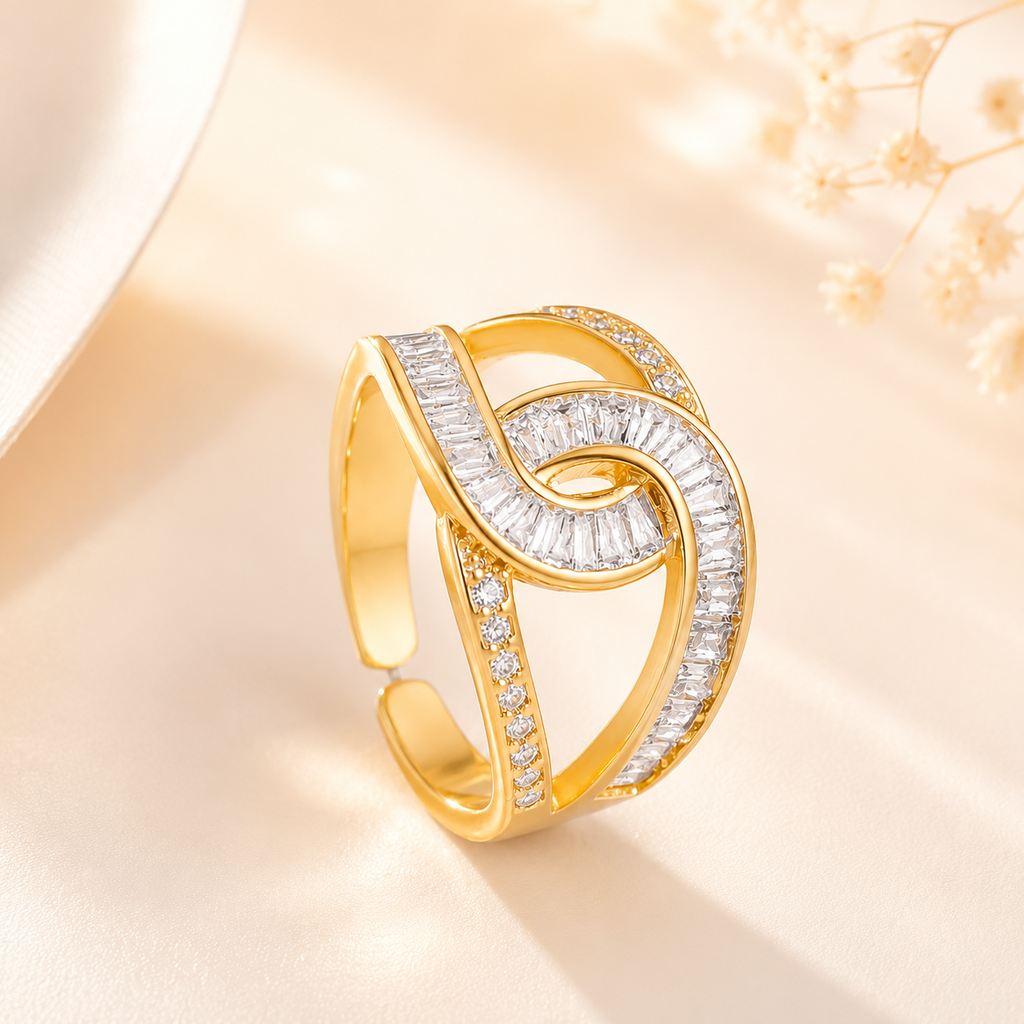 Interconnected white stone studded Adjustable Finger Ring