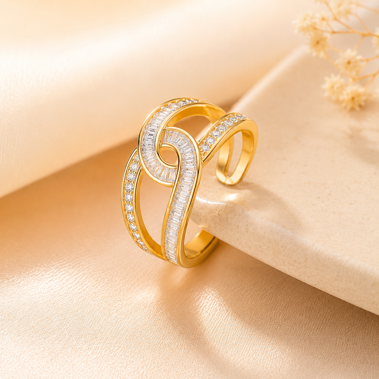 Interconnected white stone studded Adjustable Finger Ring