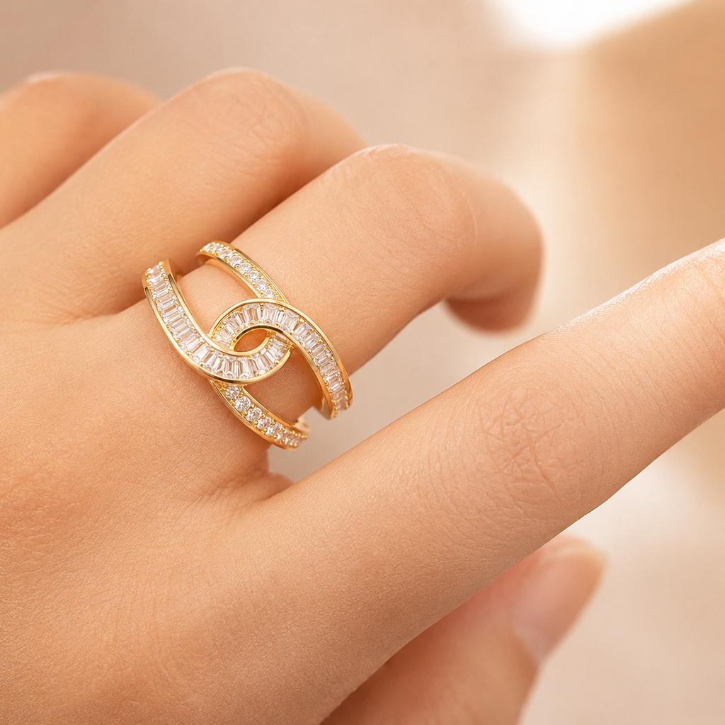 Interconnected white stone studded Adjustable Finger Ring
