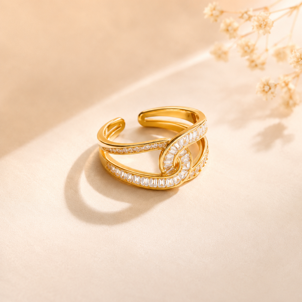 Interconnected white stone studded Adjustable Finger Ring