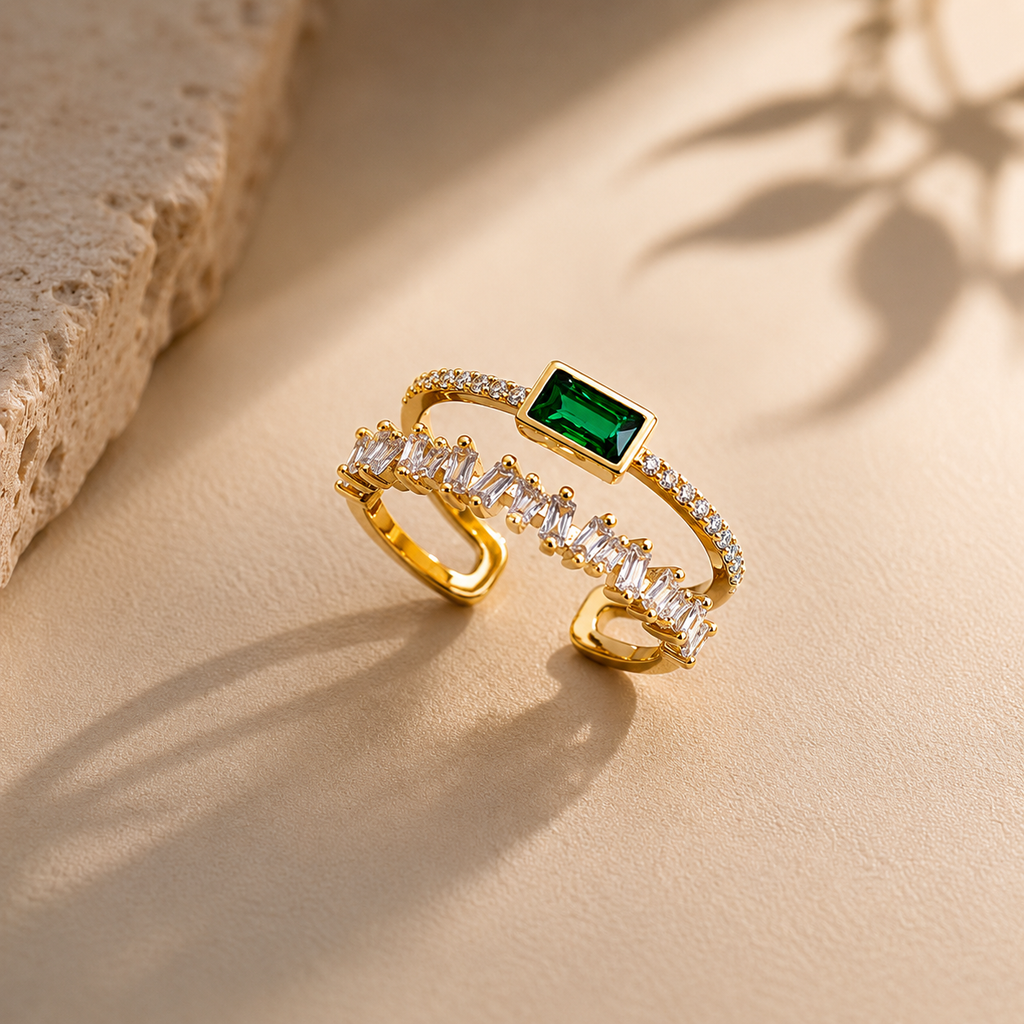 Green Emerald Studded Adjustable Finger Ring
