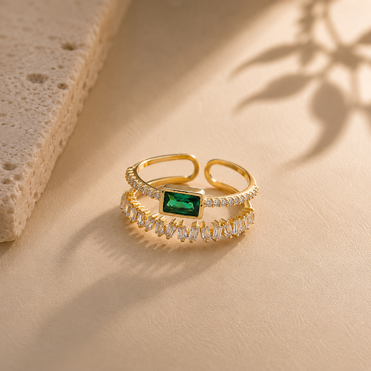 Green Emerald Studded Adjustable Finger Ring
