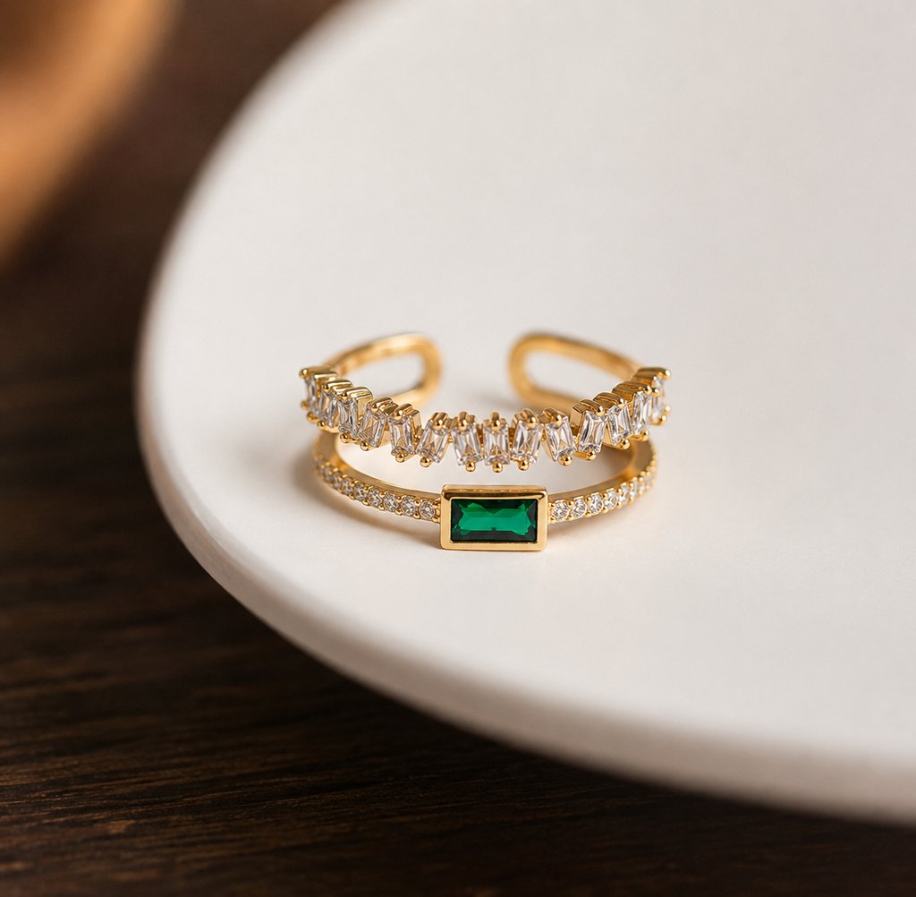 Green Emerald Studded Adjustable Finger Ring