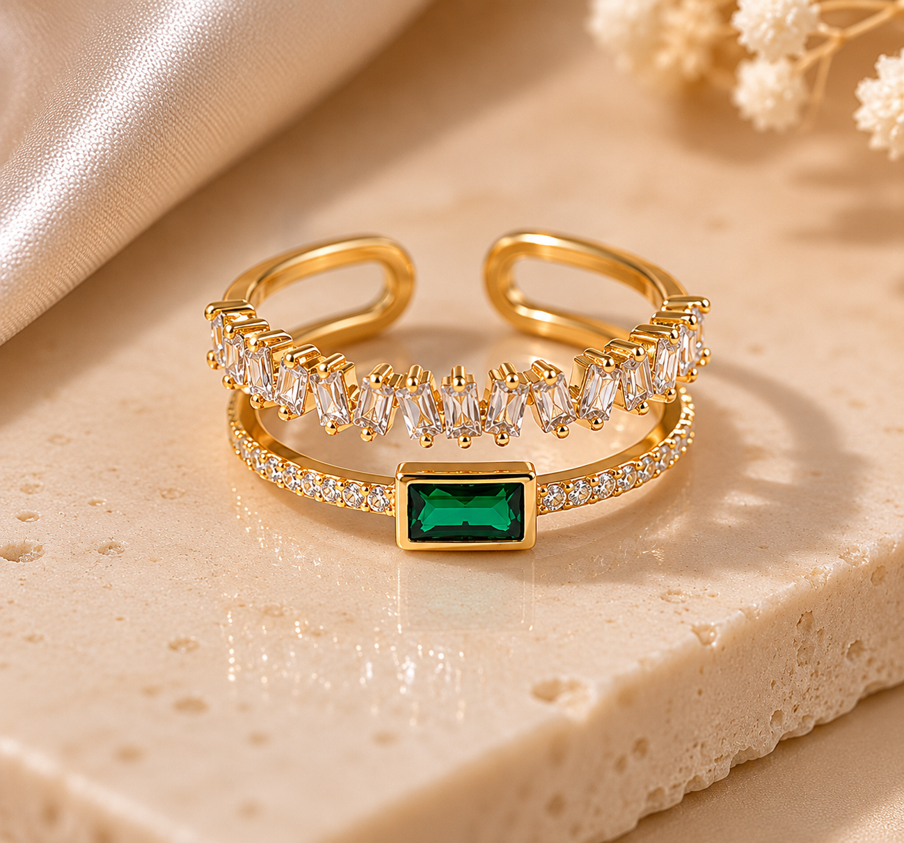 Green Emerald Studded Adjustable Finger Ring