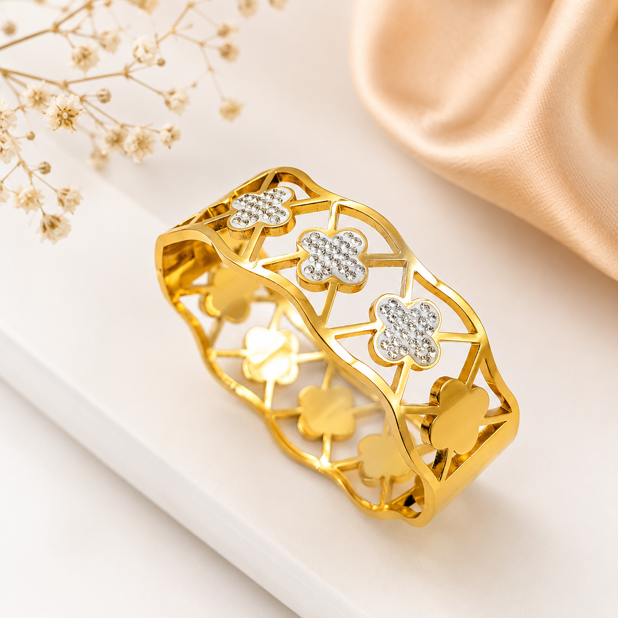 Gold Plated Stainless Steel Clover Bracelet with white stones