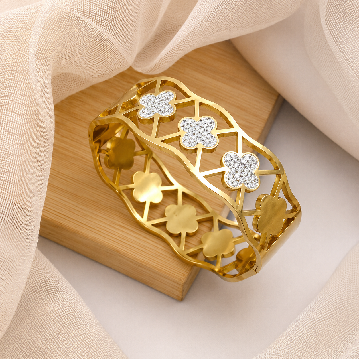 Gold Plated Stainless Steel Clover Bracelet with white stones