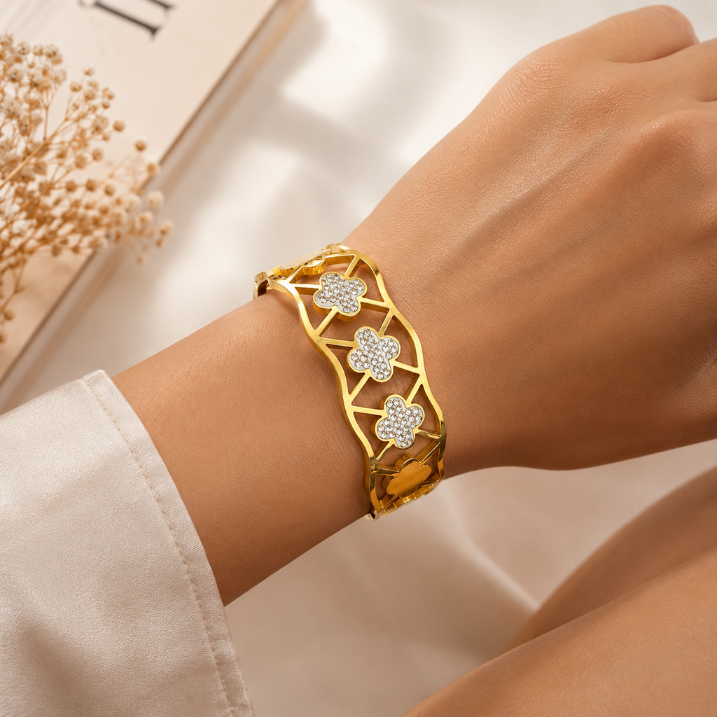 Gold Plated Stainless Steel Clover Bracelet with white stones