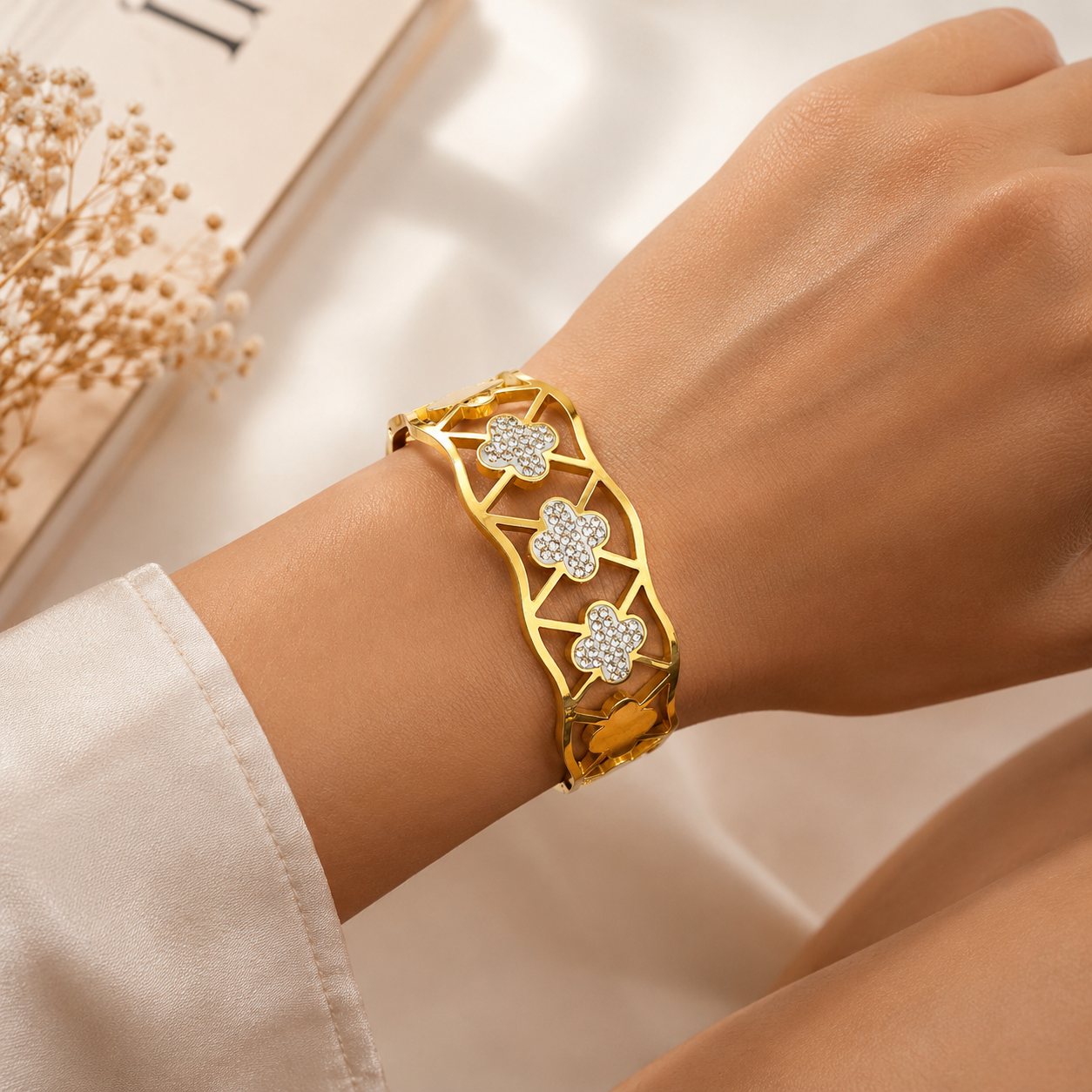Gold Plated Stainless Steel Clover Bracelet with white stones