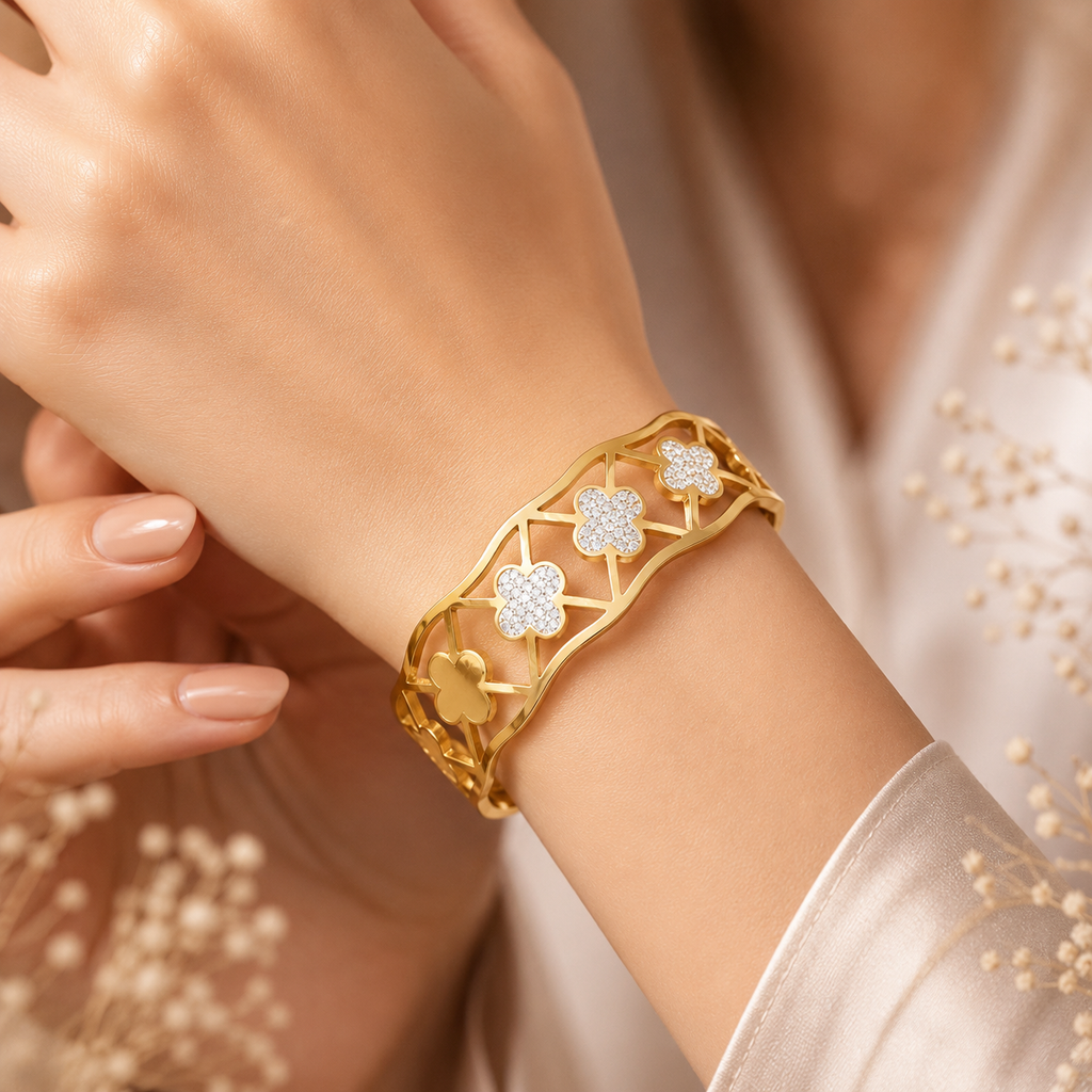 Gold Plated Stainless Steel Clover Bracelet with white stones