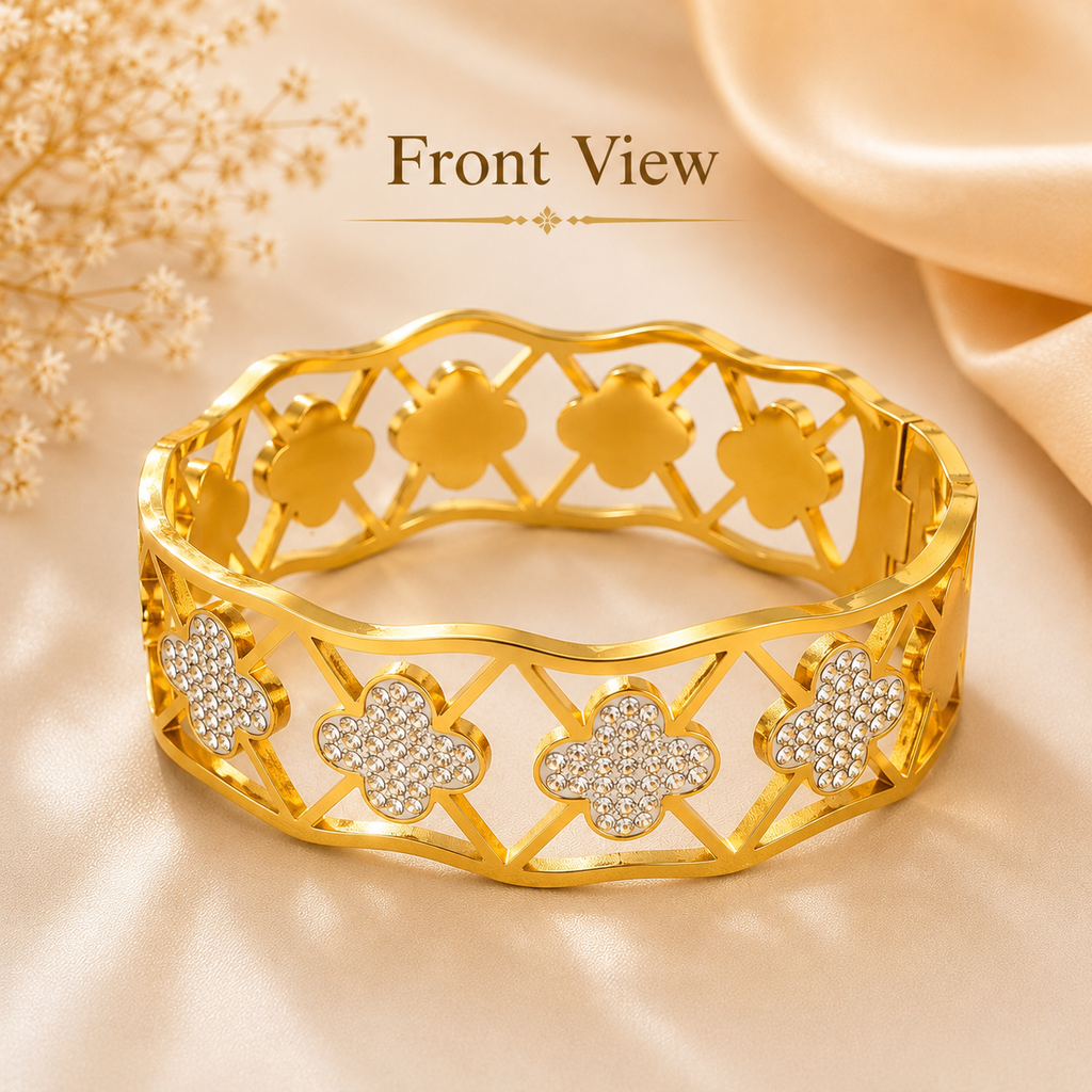 Gold Plated Stainless Steel Clover Bracelet with white stones