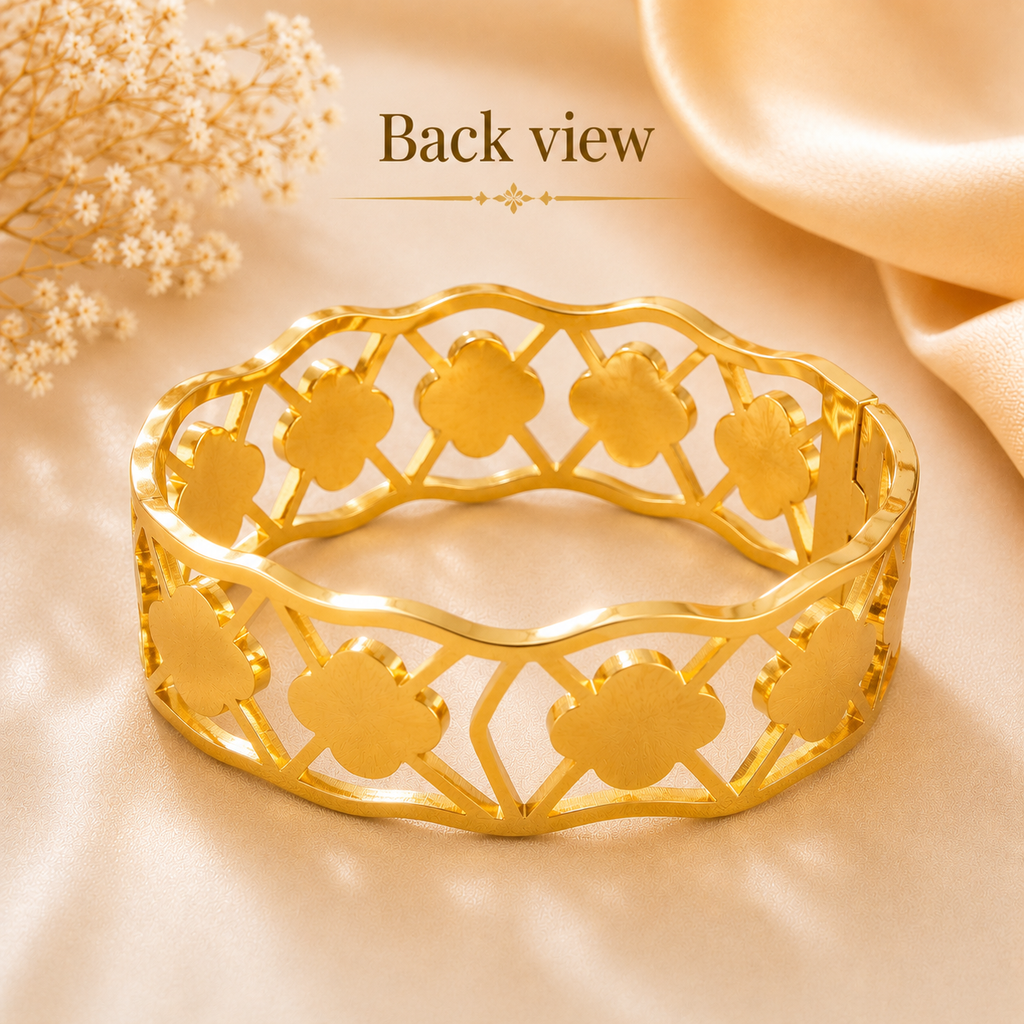 Gold Plated Stainless Steel Clover Bracelet with white stones